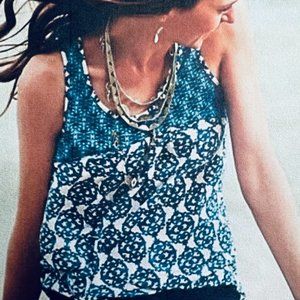 Anthropologie Weston Boho Chic Navy Blue & White Tile Print Sleeveless Blouse, M
